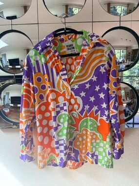 Unisex Color-Block Pop Art 70s Long-Sleeve blouse - Purple/Orange/Green